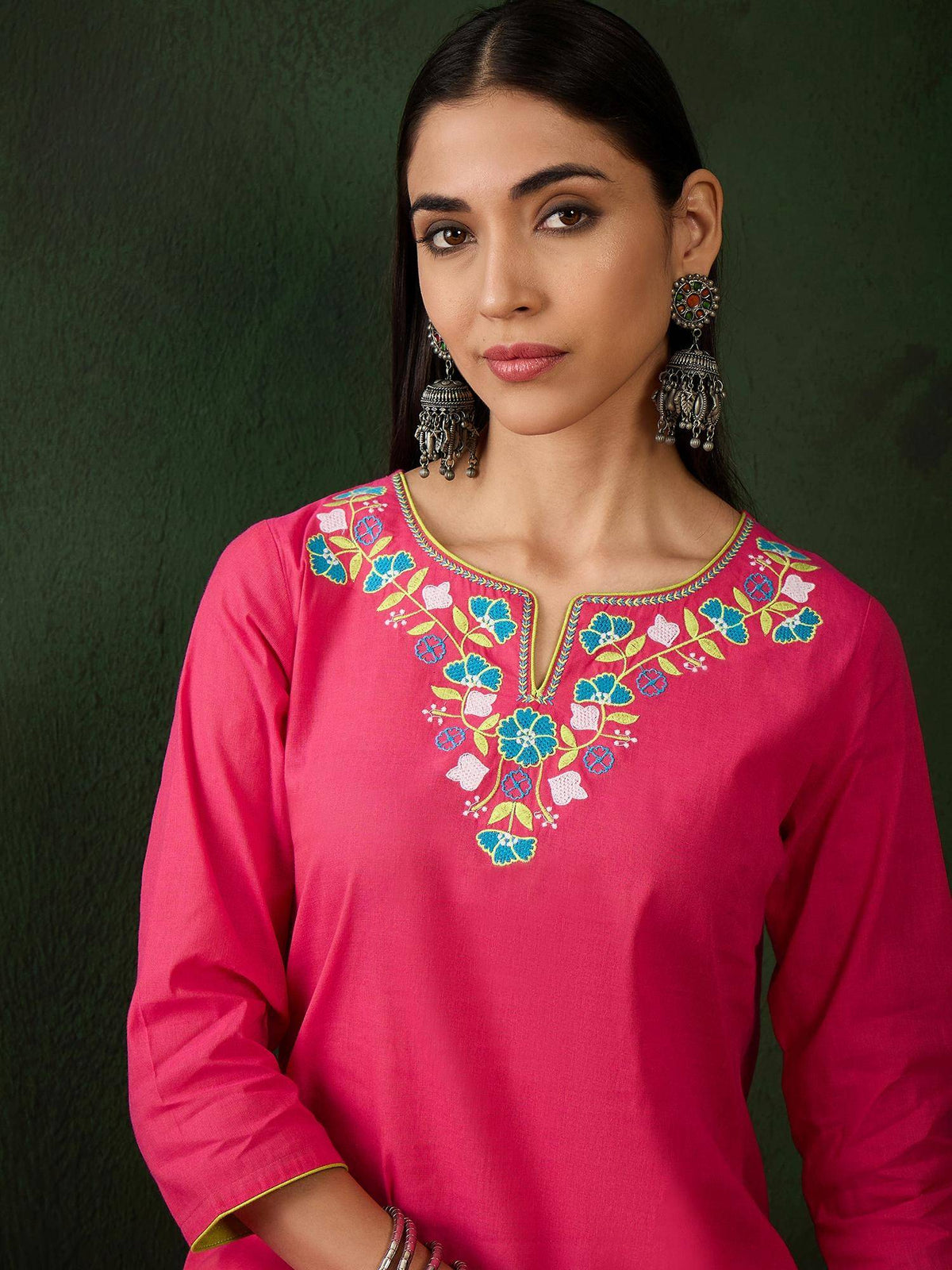 Magenta Floral Embroidered Thread Work Pure Cotton Kurta | KDG - view 24