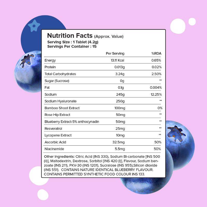 Hyaluronic Acid Effervescent Tablets For Skin Hydration and Reduce Fine Lines - Blueberry | PL1 - view 4