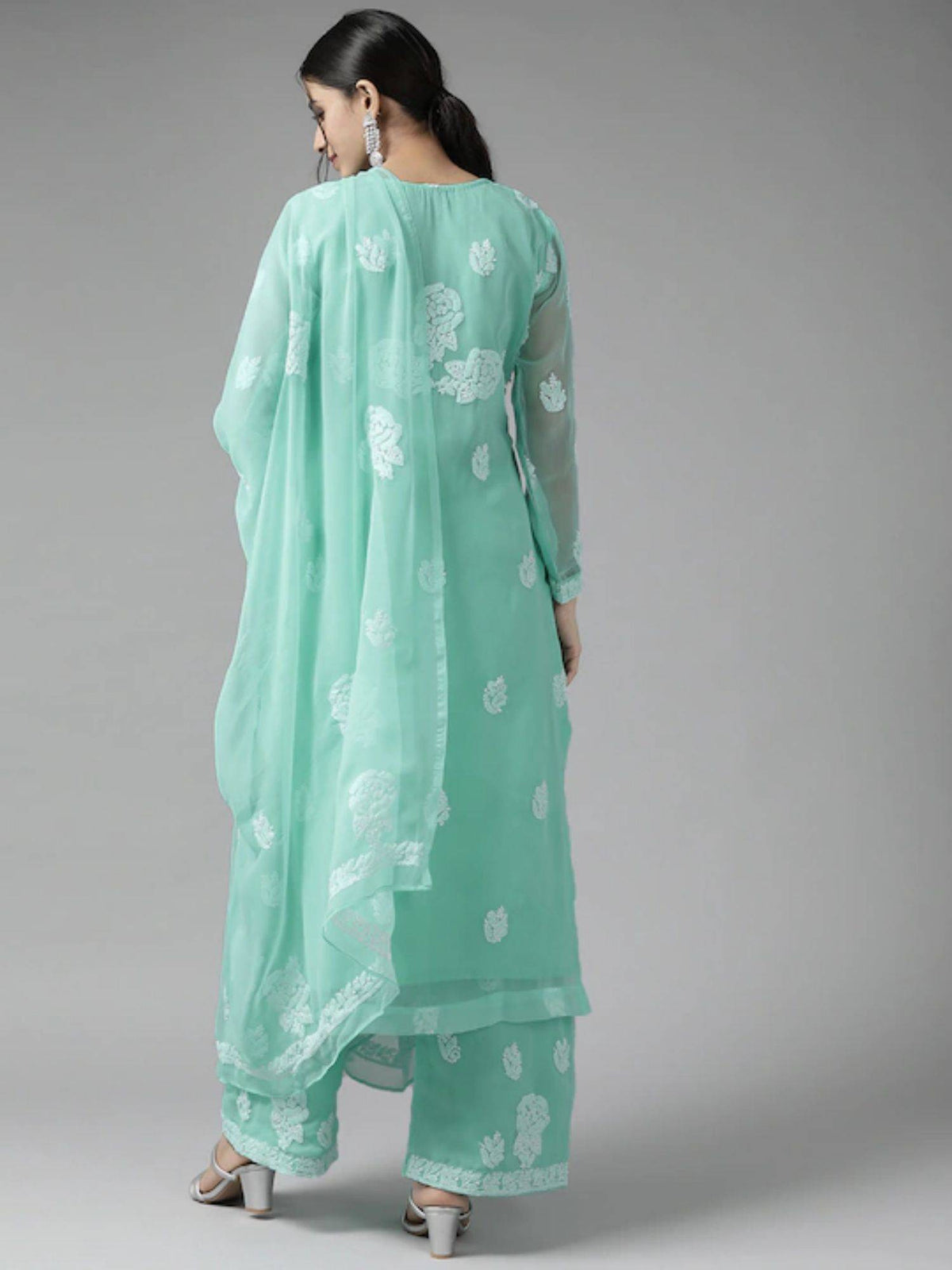 Hand Embroidered Yellow Georgette Lucknowi Chikankari Unstitched Dress Material (Set of 3) | D56 - view 33