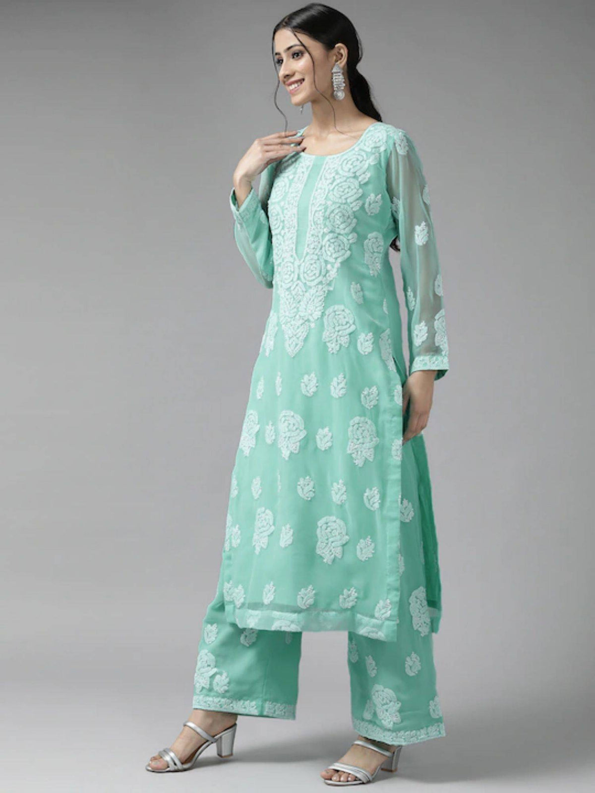 Hand Embroidered Yellow Georgette Lucknowi Chikankari Unstitched Dress Material (Set of 3) | D56 - view 34