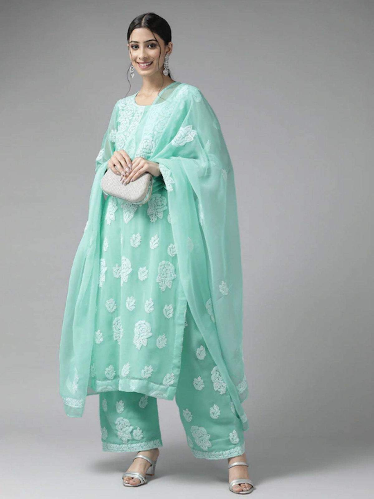 Hand Embroidered Yellow Georgette Lucknowi Chikankari Unstitched Dress Material (Set of 3) | D56 - view 39