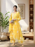 Hand Embroidered Yellow Georgette Lucknowi Chikankari Unstitched Dress Material (Set of 3) | D56 - view 1