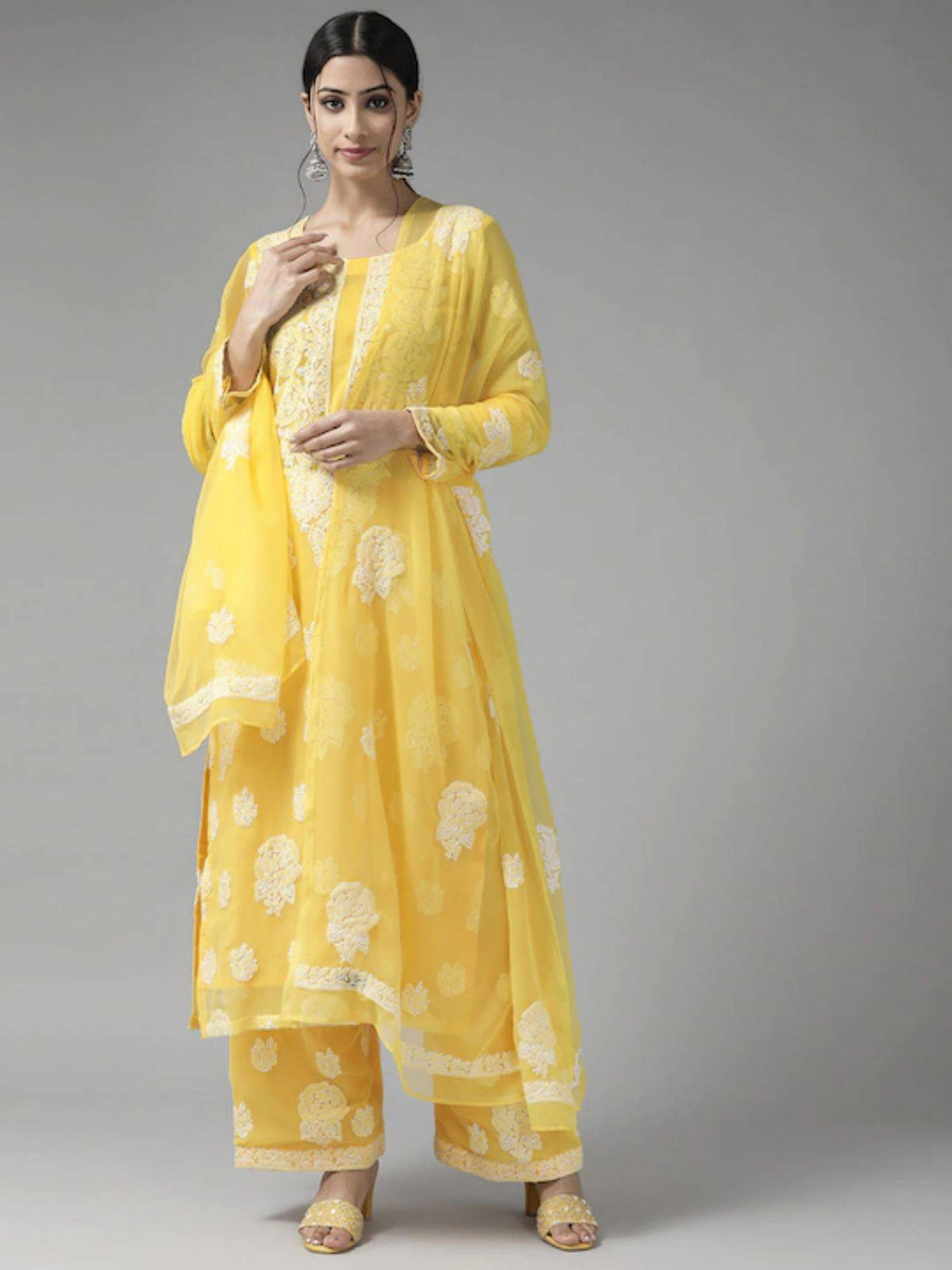 Hand Embroidered Yellow Georgette Lucknowi Chikankari Unstitched Dress Material (Set of 3) | D56 - view 2