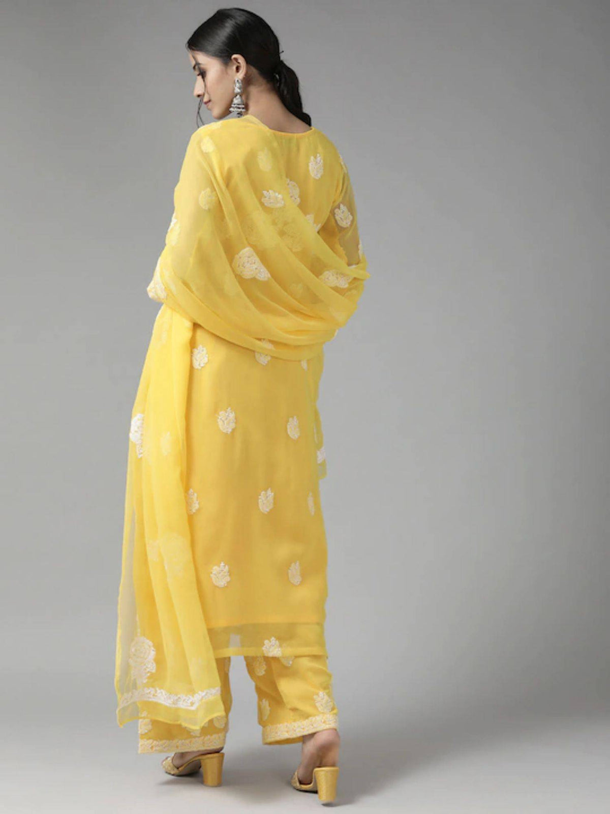 Hand Embroidered Yellow Georgette Lucknowi Chikankari Unstitched Dress Material (Set of 3) | D56 - view 3