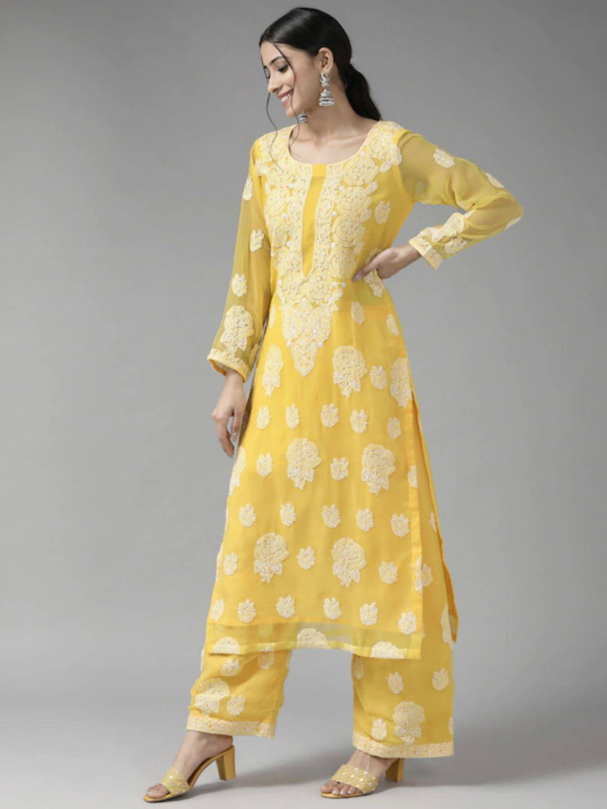 Hand Embroidered Yellow Georgette Lucknowi Chikankari Unstitched Dress Material (Set of 3) | D56 - view 4