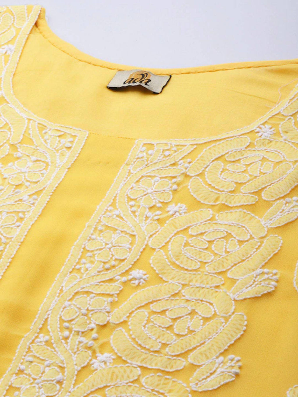 Hand Embroidered Yellow Georgette Lucknowi Chikankari Unstitched Dress Material (Set of 3) | D56 - view 5