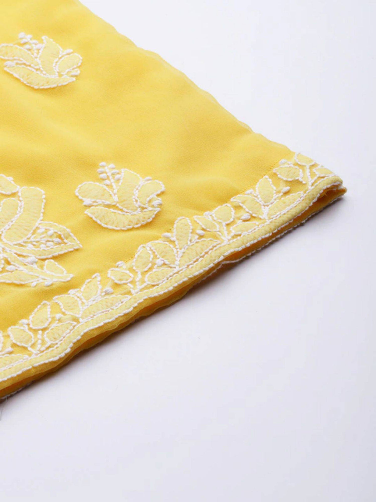 Hand Embroidered Yellow Georgette Lucknowi Chikankari Unstitched Dress Material (Set of 3) | D56 - view 7