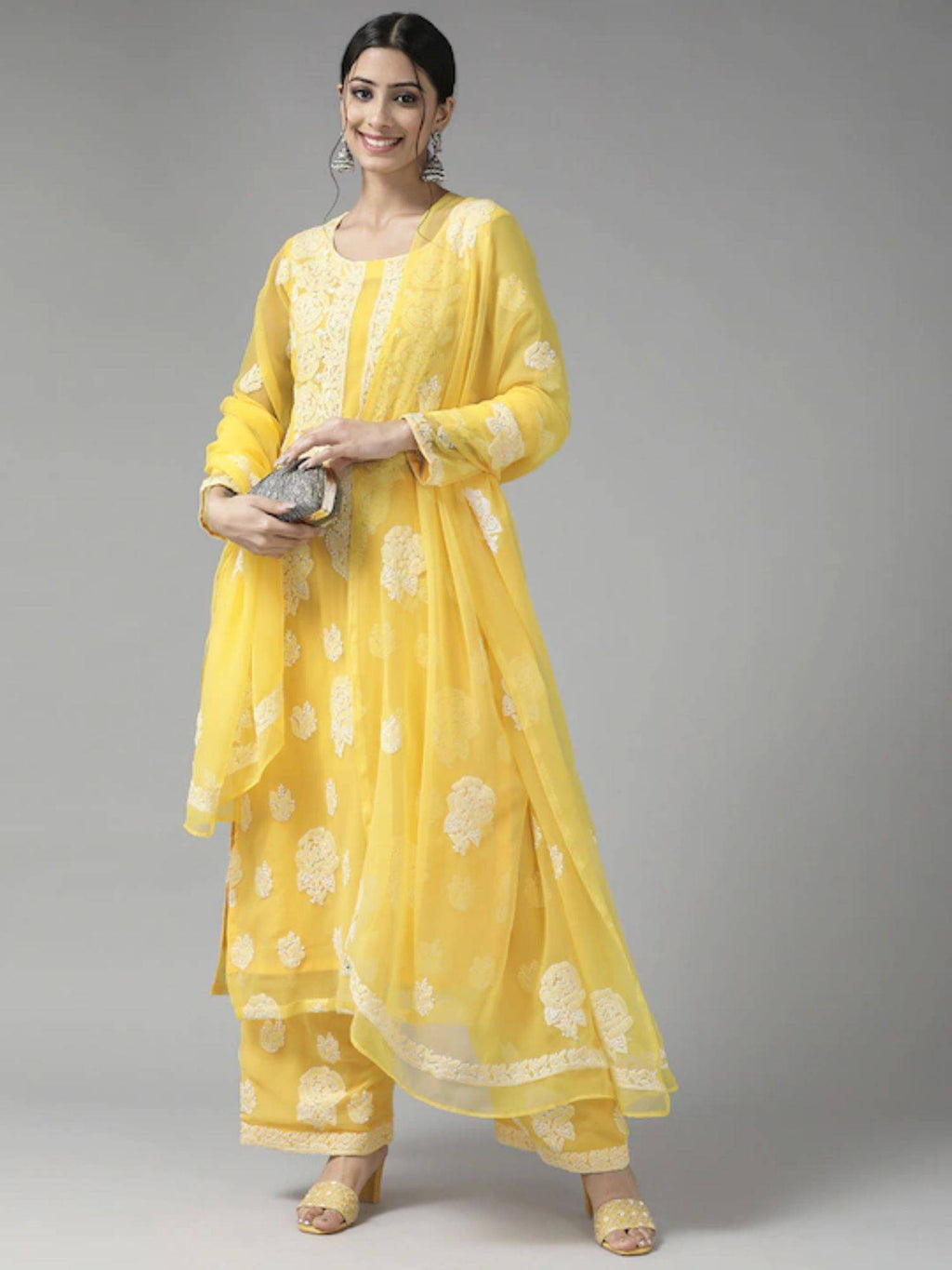 Hand Embroidered Yellow Georgette Lucknowi Chikankari Unstitched Dress Material (Set of 3) | D56 - view 8