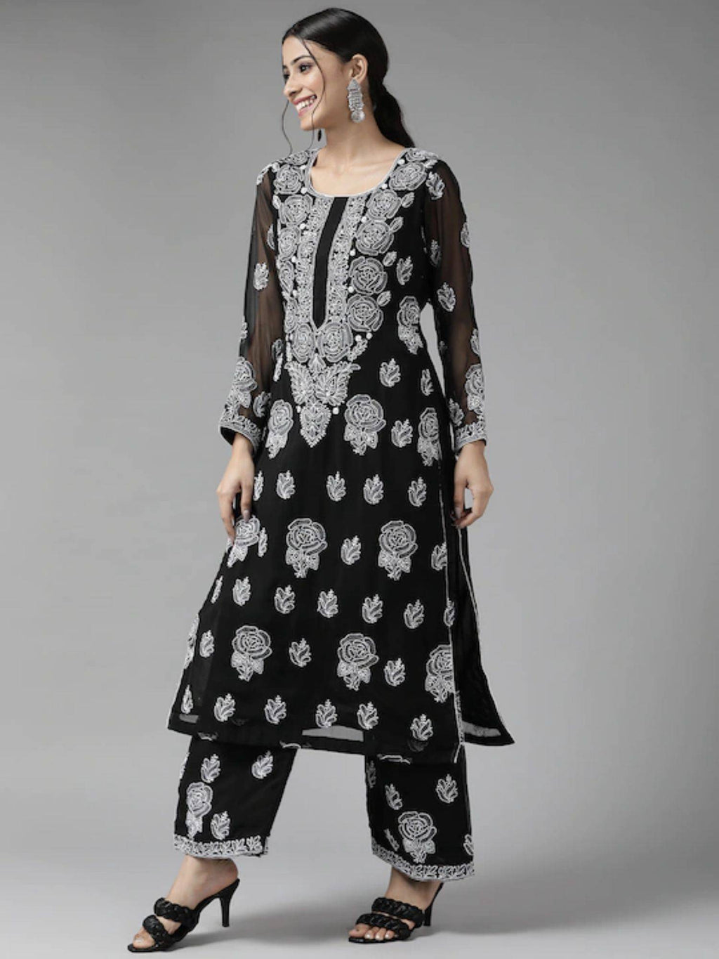 Hand Embroidered Yellow Georgette Lucknowi Chikankari Unstitched Dress Material (Set of 3) | D56 - view 12