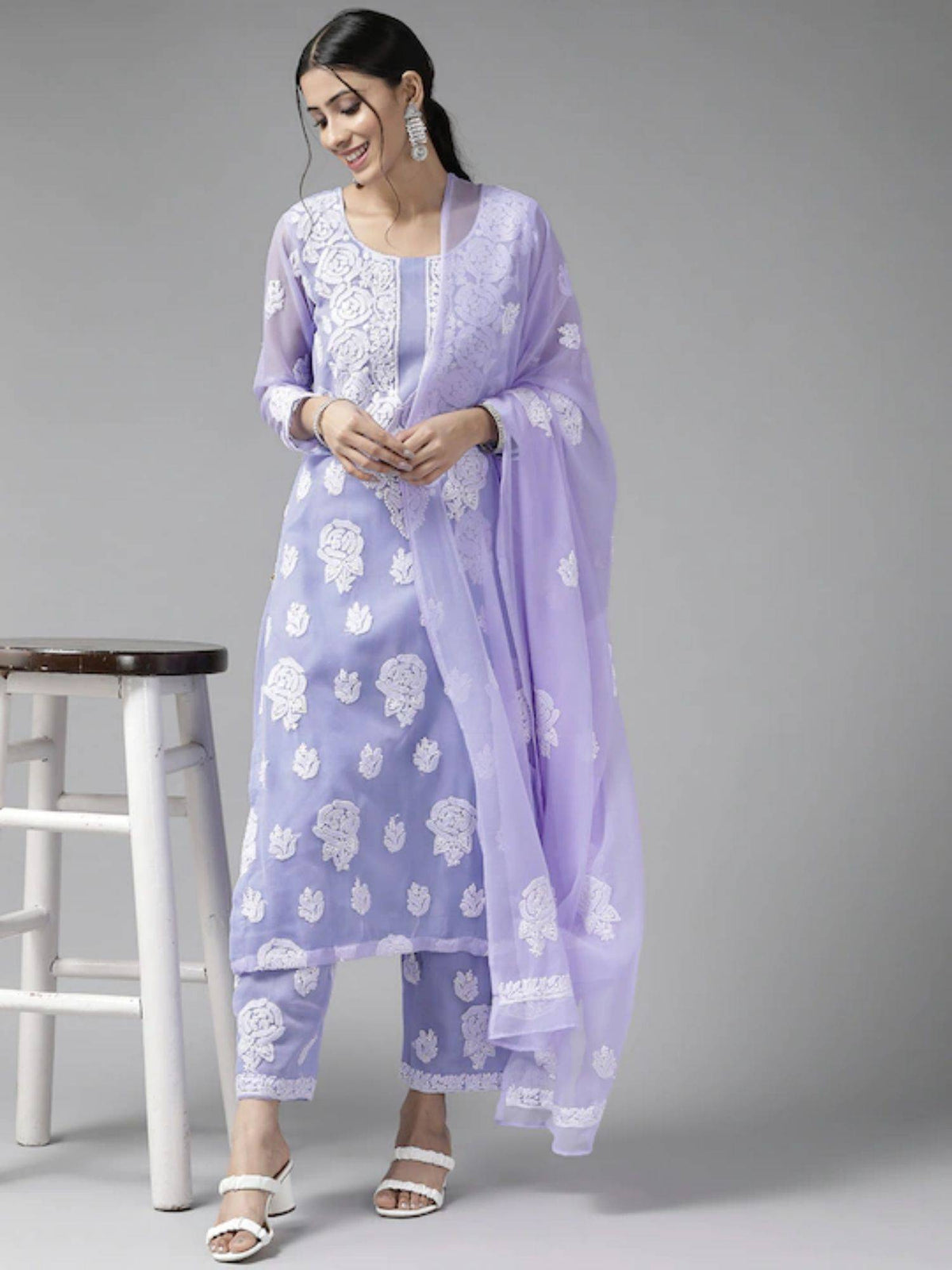 Hand Embroidered Yellow Georgette Lucknowi Chikankari Unstitched Dress Material (Set of 3) | D56 - view 26