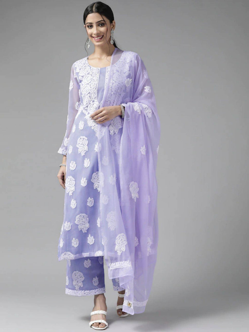 Hand Embroidered Yellow Georgette Lucknowi Chikankari Unstitched Dress Material (Set of 3) | D56 - view 28