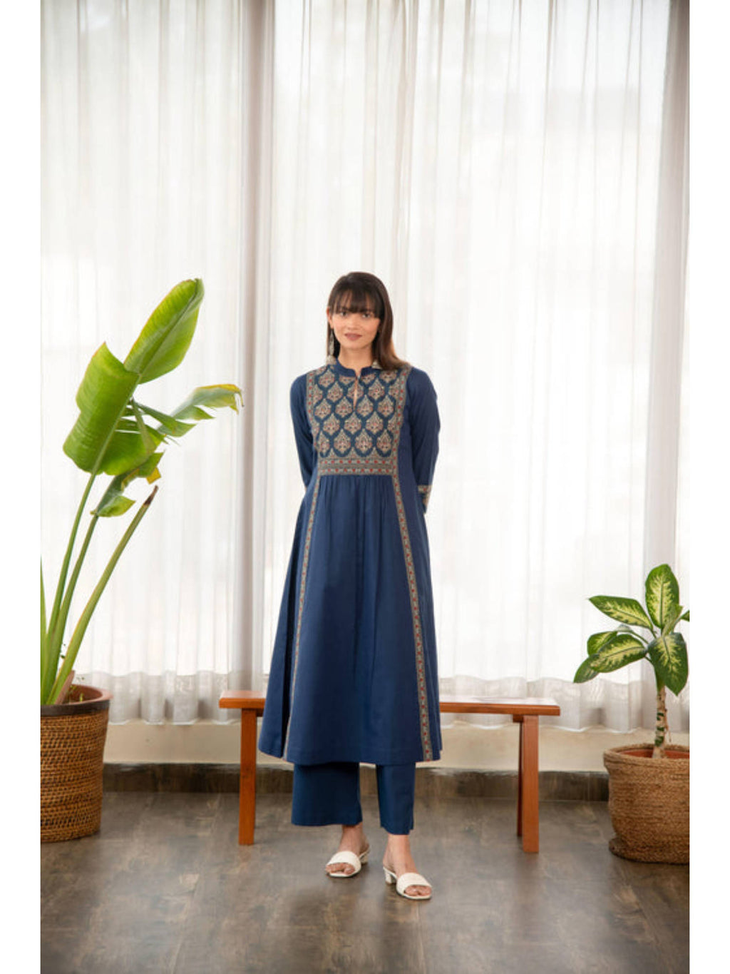 Indigo Blue Cotton Printed Yoke A-Line Kurta | FY93 - view 1