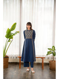 Indigo Blue Cotton Printed Yoke A-Line Kurta | FY93 - view 1