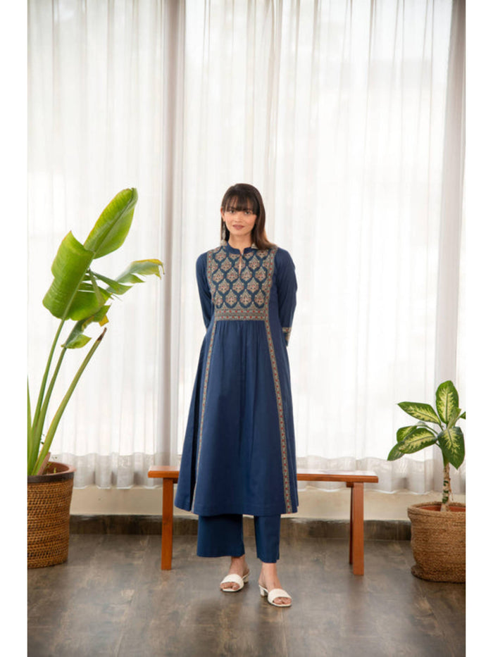 Indigo Blue Cotton Printed Yoke A-Line Kurta | FY93 - view 1
