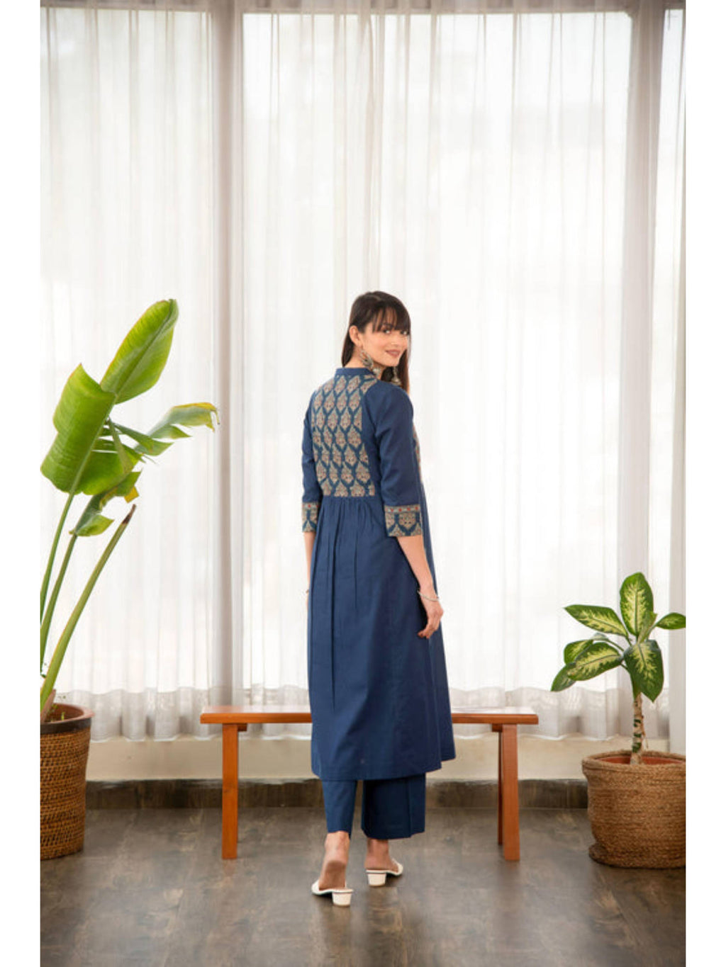 Indigo Blue Cotton Printed Yoke A-Line Kurta | U3S - view 2