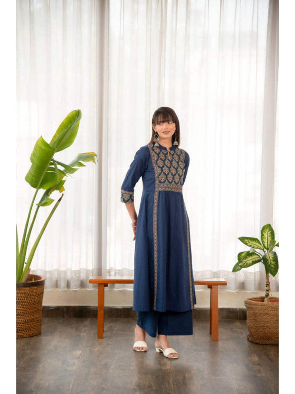 Indigo Blue Cotton Printed Yoke A-Line Kurta | U3S - view 3