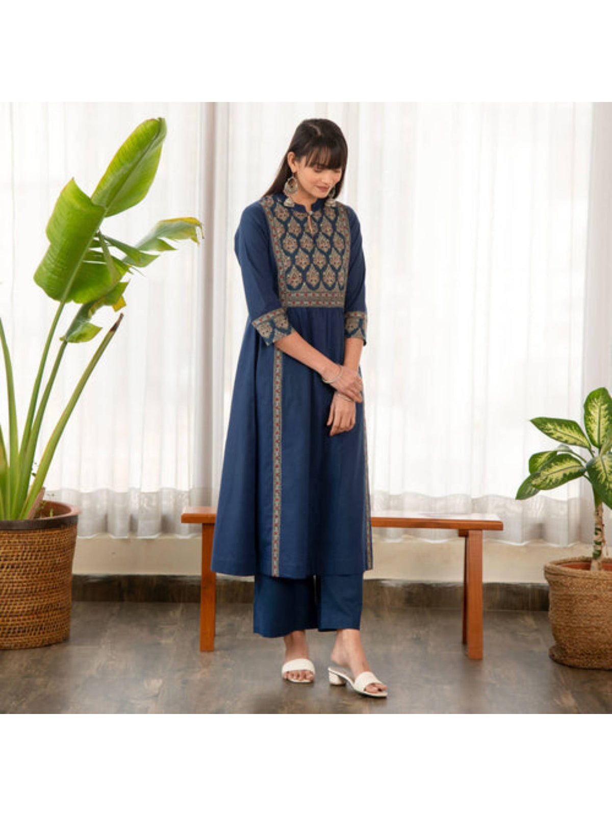 Indigo Blue Cotton Printed Yoke A-Line Kurta | KDG - view 4
