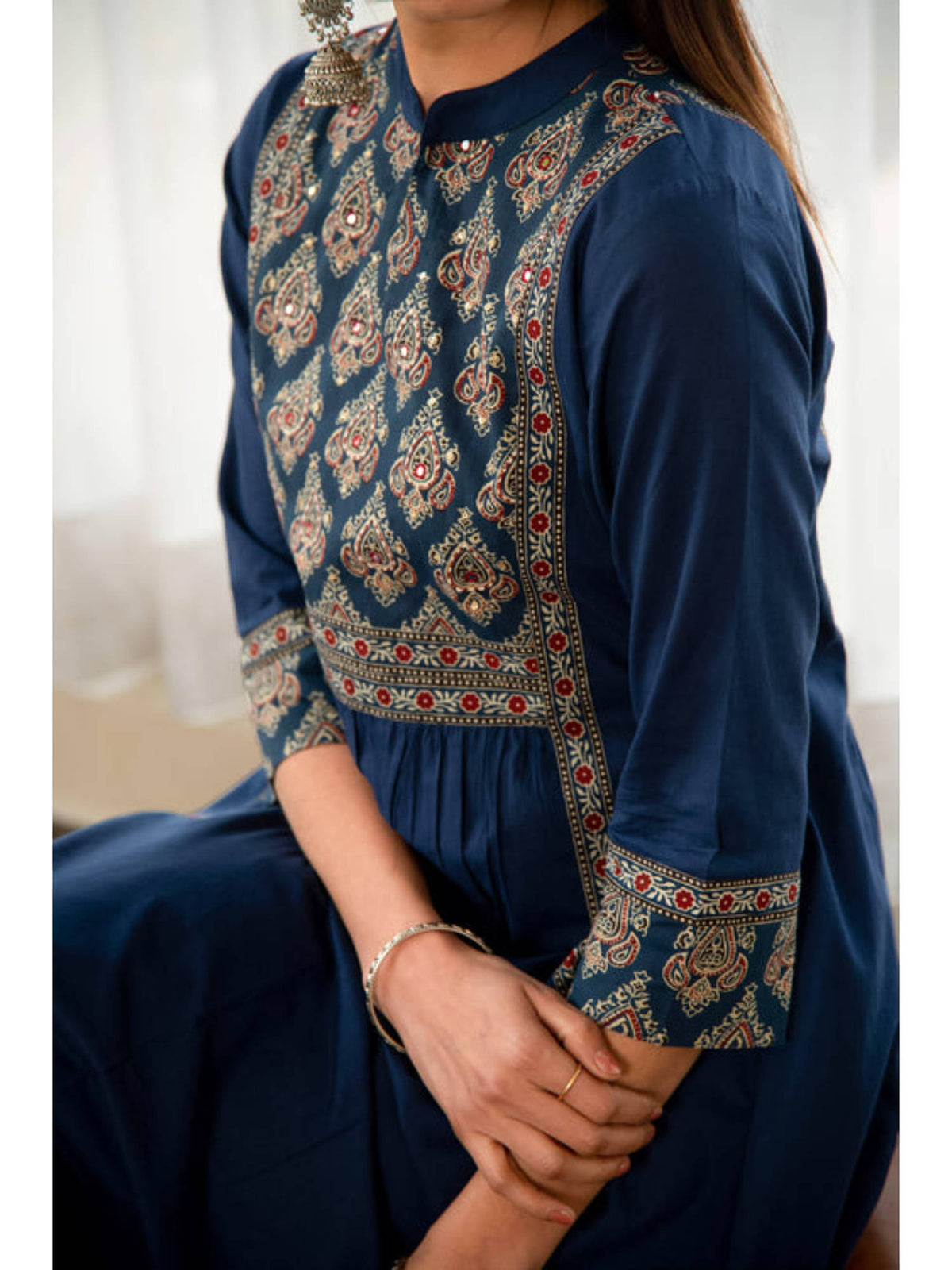 Indigo Blue Cotton Printed Yoke A-Line Kurta | U3S - view 5