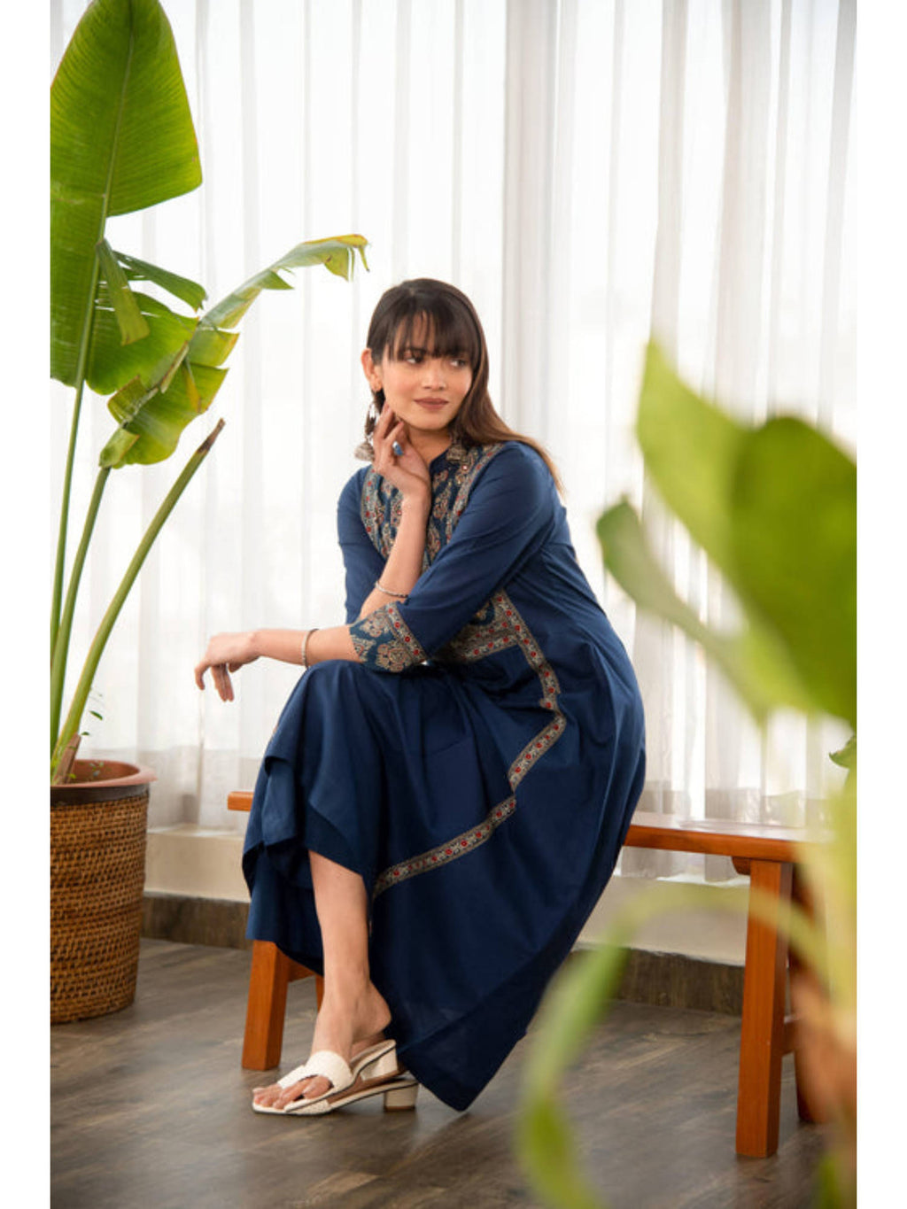 Indigo Blue Cotton Printed Yoke A-Line Kurta | FY93 - view 6