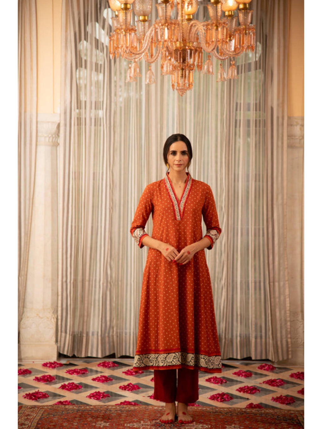 Rust Orange Bandhej Printed Embroidered A-Line Kurta | FY93 - view 1