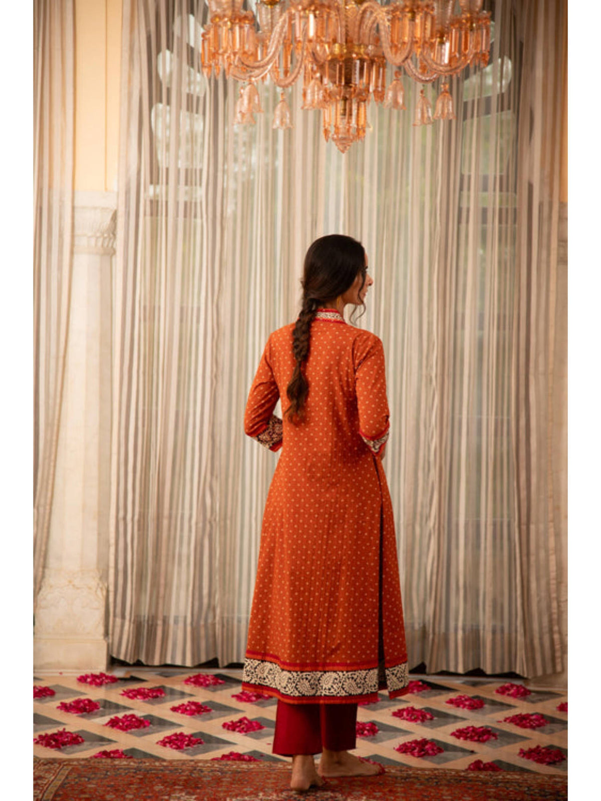 Rust Orange Bandhej Printed Embroidered A-Line Kurta | FY93 - view 2