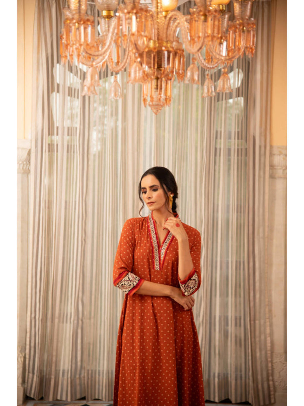 Rust Orange Bandhej Printed Embroidered A-Line Kurta | FY93 - view 3