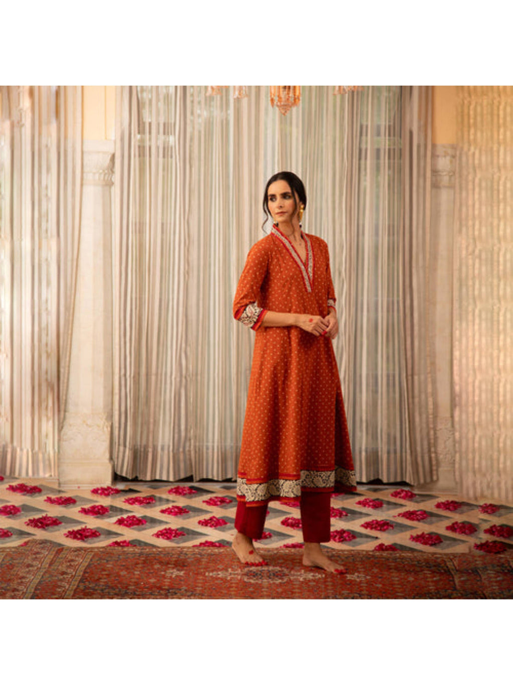 Rust Orange Bandhej Printed Embroidered A-Line Kurta | FY93 - view 5