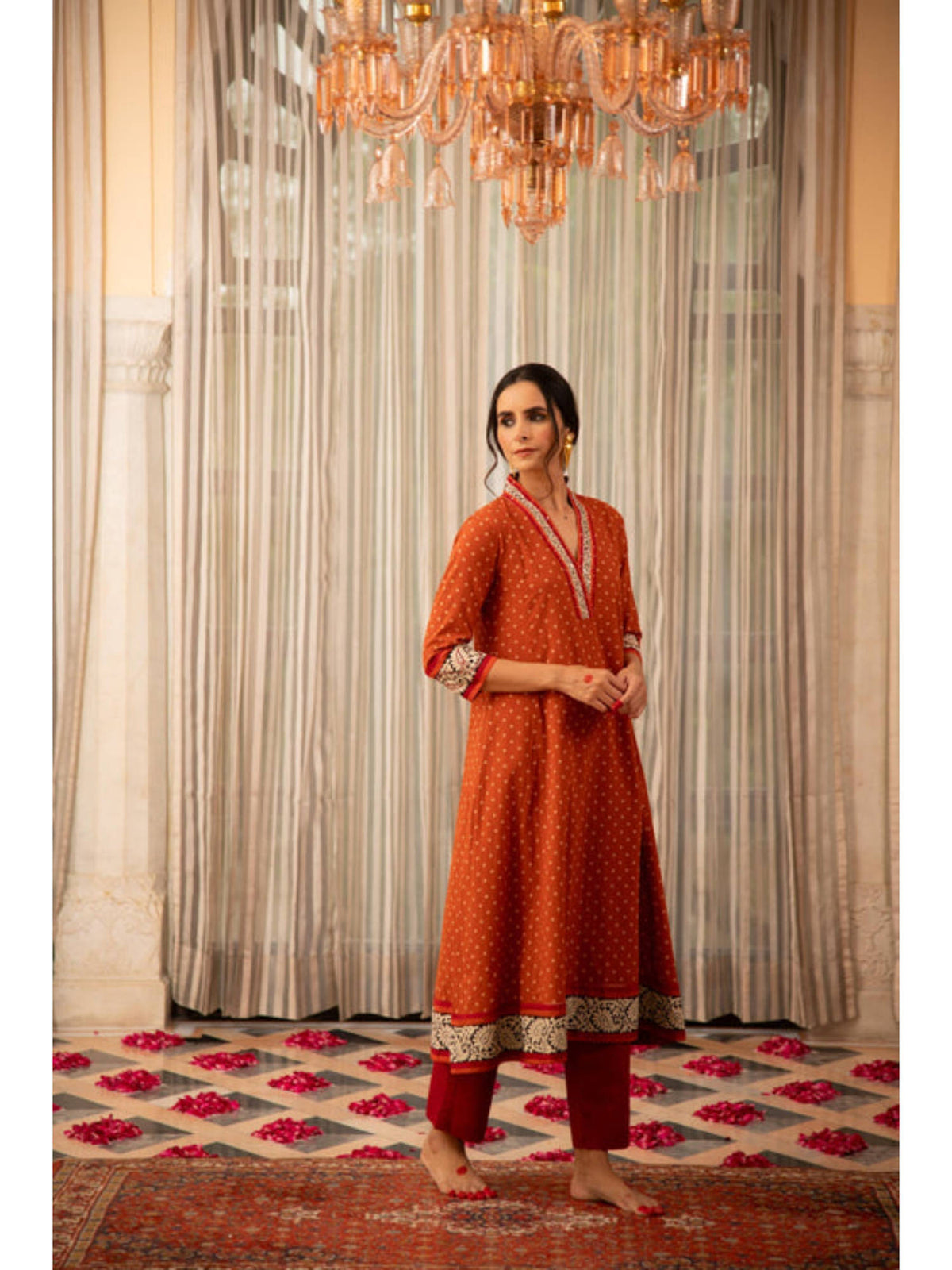Rust Orange Bandhej Printed Embroidered A-Line Kurta | FY93 - view 6
