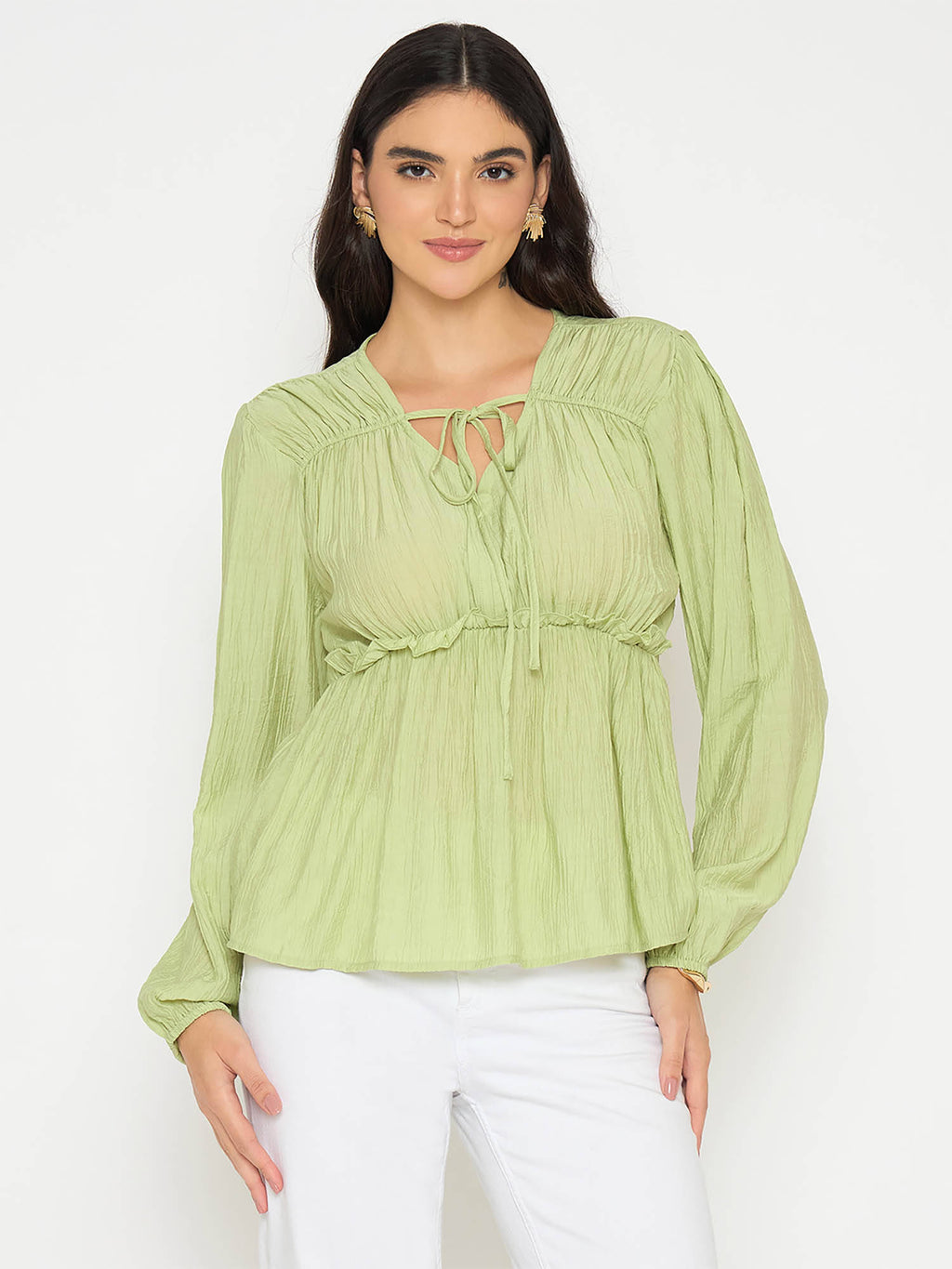 Cinch Waist Apple Green Peplum Top | pt51 - view 1