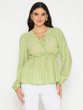 Cinch Waist Apple Green Peplum Top | pt51 - view 1
