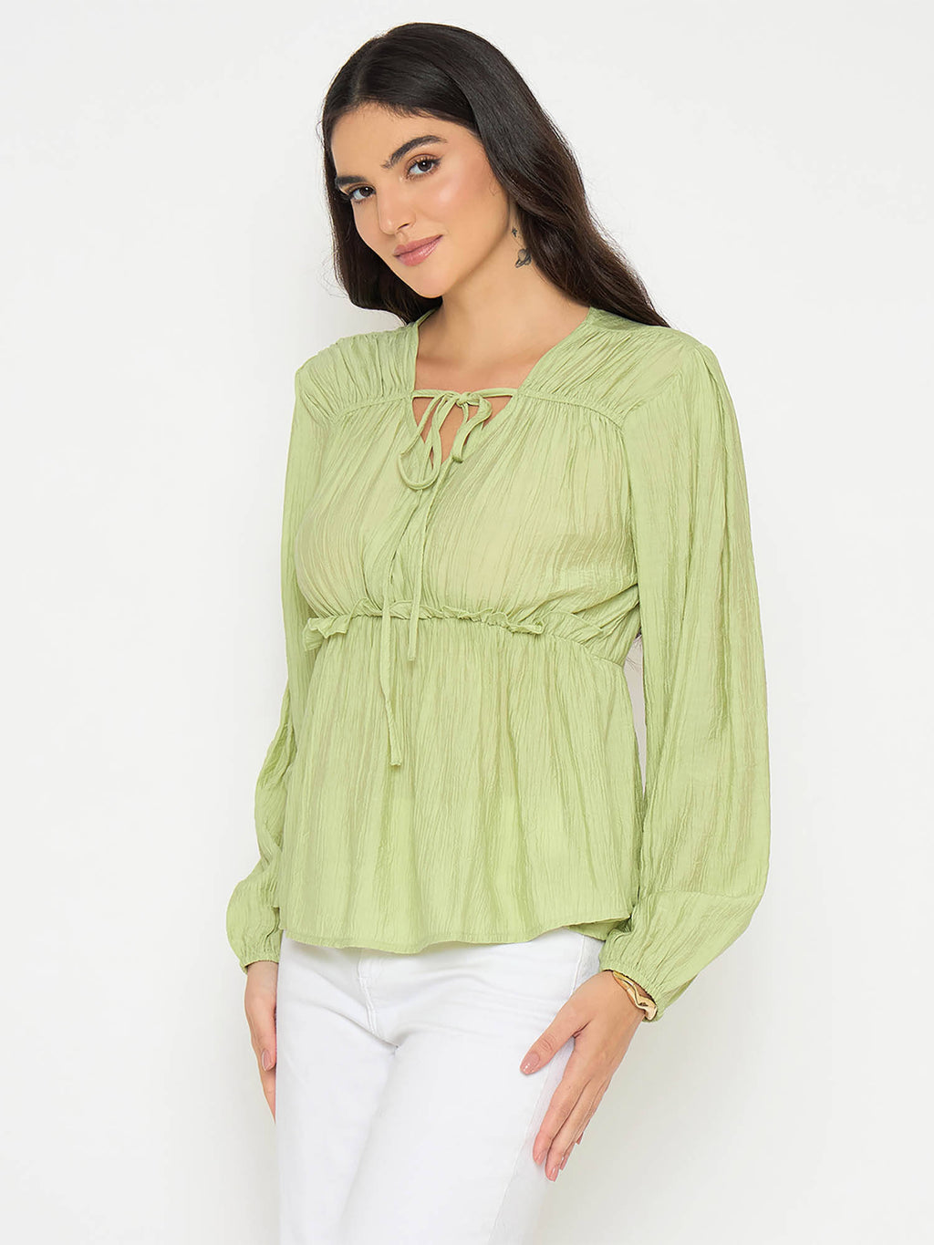 Cinch Waist Apple Green Peplum Top | pt51 - view 3