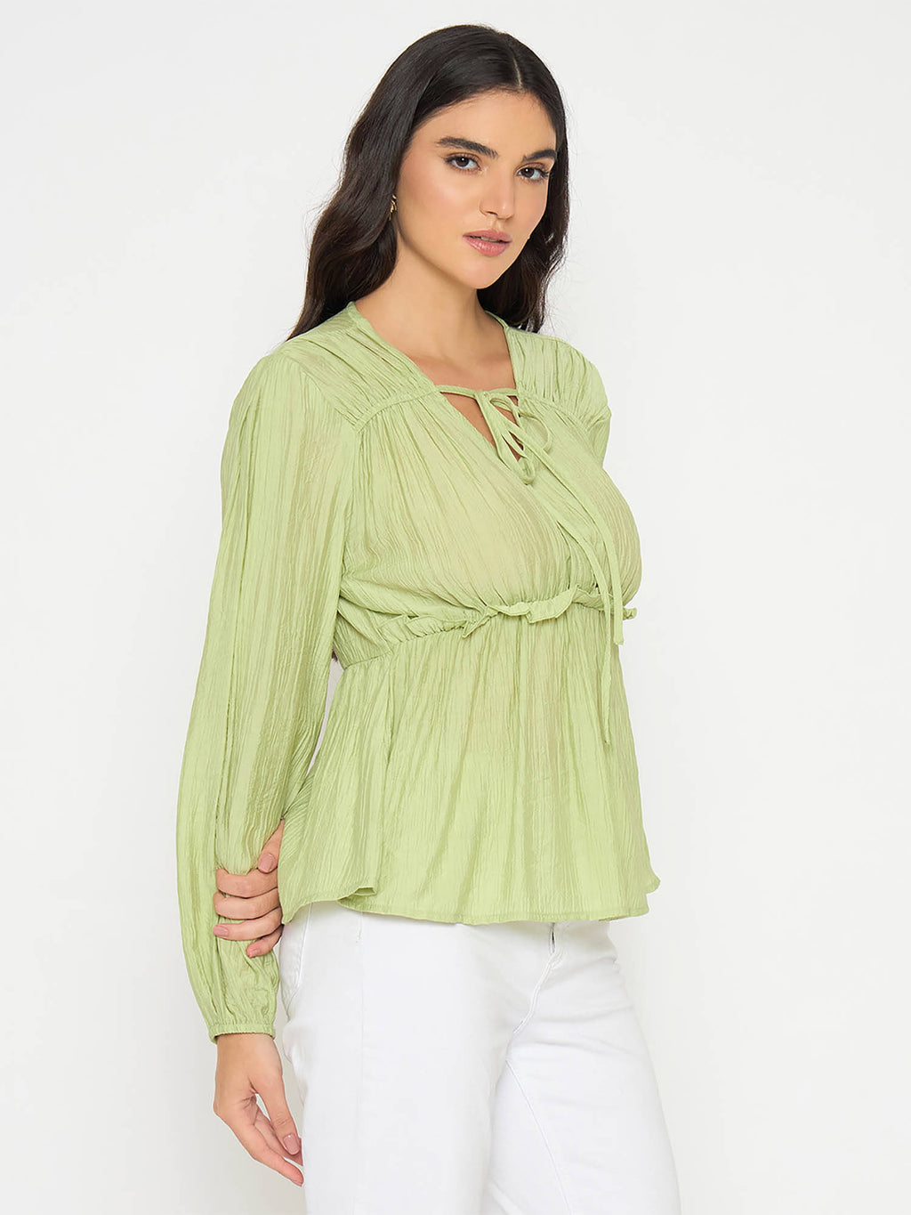 Cinch Waist Apple Green Peplum Top | pt51 - view 4