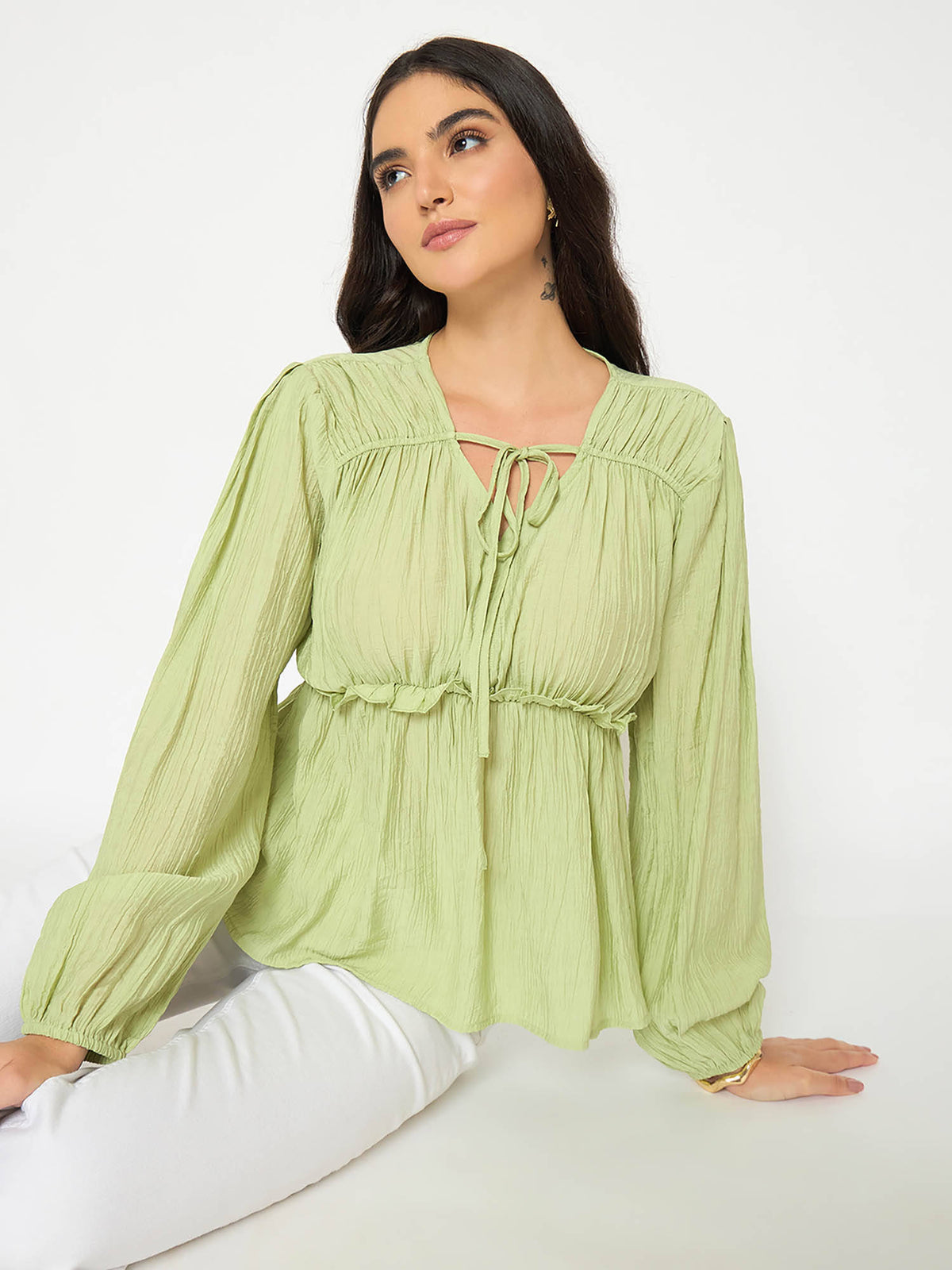 Cinch Waist Apple Green Peplum Top | pt51 - view 6