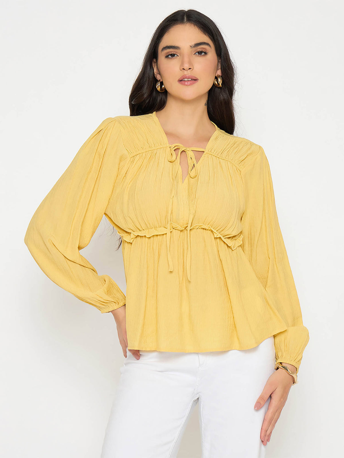Cinch Waist Yellow Peplum Top | pt51 - view 1