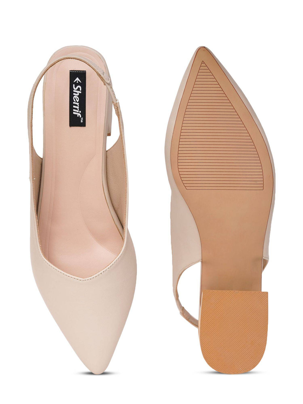 Women's Beige Casual Slip-On Pointed Toe Solid Mules Heels | H78 - view 6