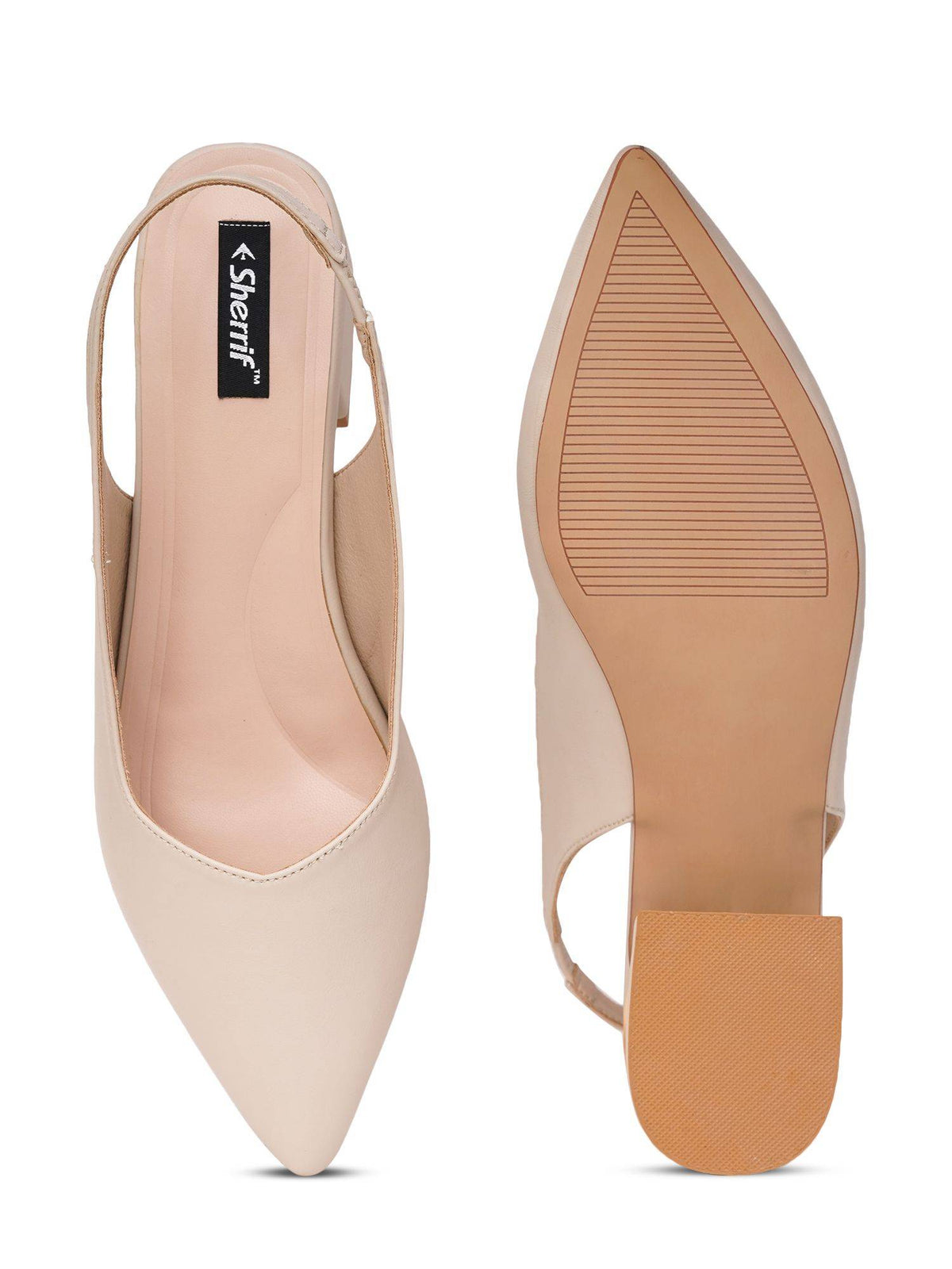 Women's Beige Casual Slip-On Pointed Toe Solid Mules Heels | H78 - view 6