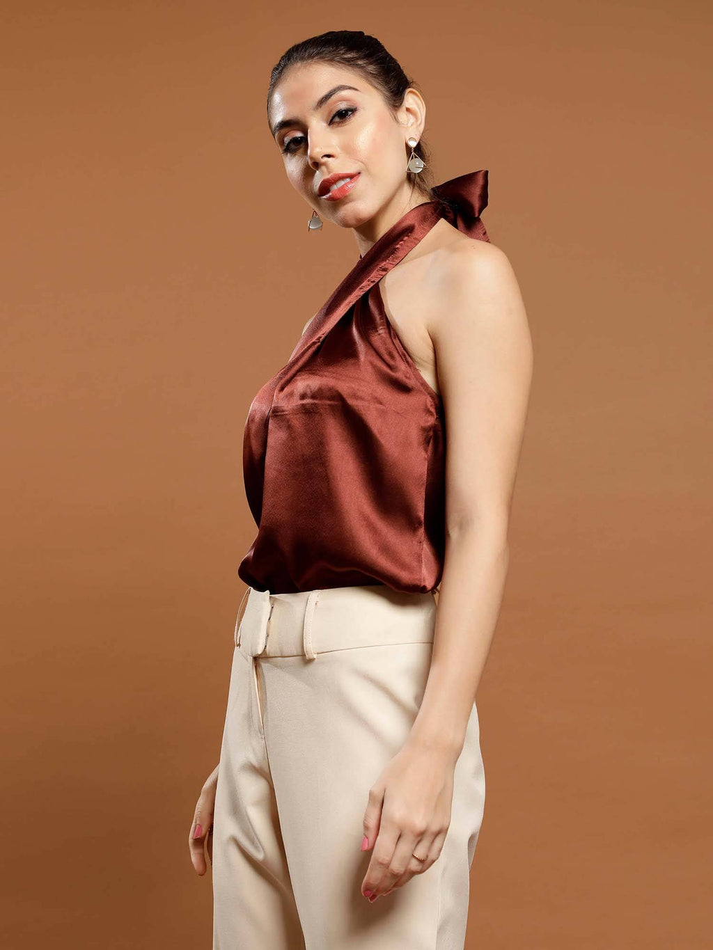 Brown Women Solid Halter Neck Top | HT67 - view 3