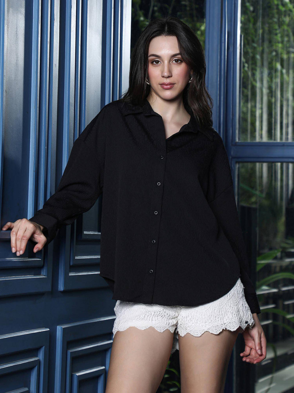 Womens Onyx Black Spots-Tactile Oversized Shirt | S67 - view 1