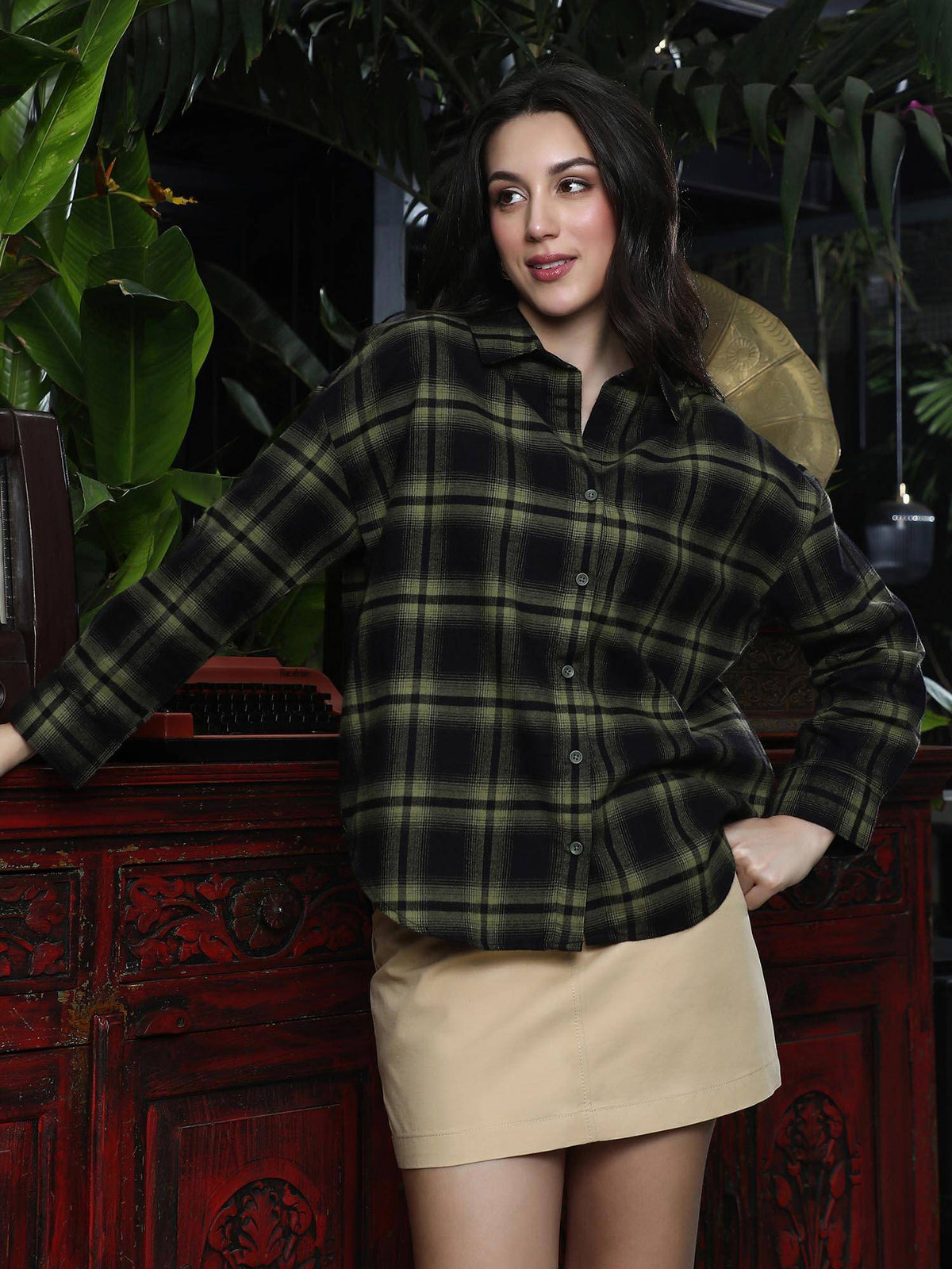 Womens Seaweed Green Brushed Buffalo-Check Oversized Shirt | S67 - view 1