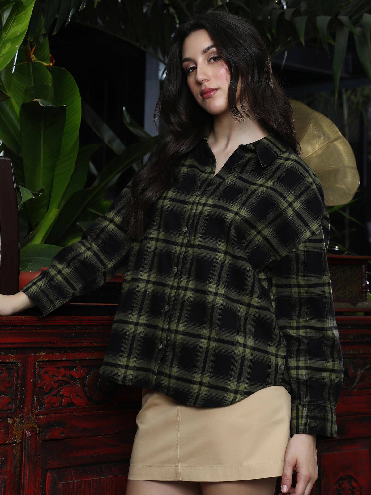 Womens Seaweed Green Brushed Buffalo-Check Oversized Shirt | S67 - view 3