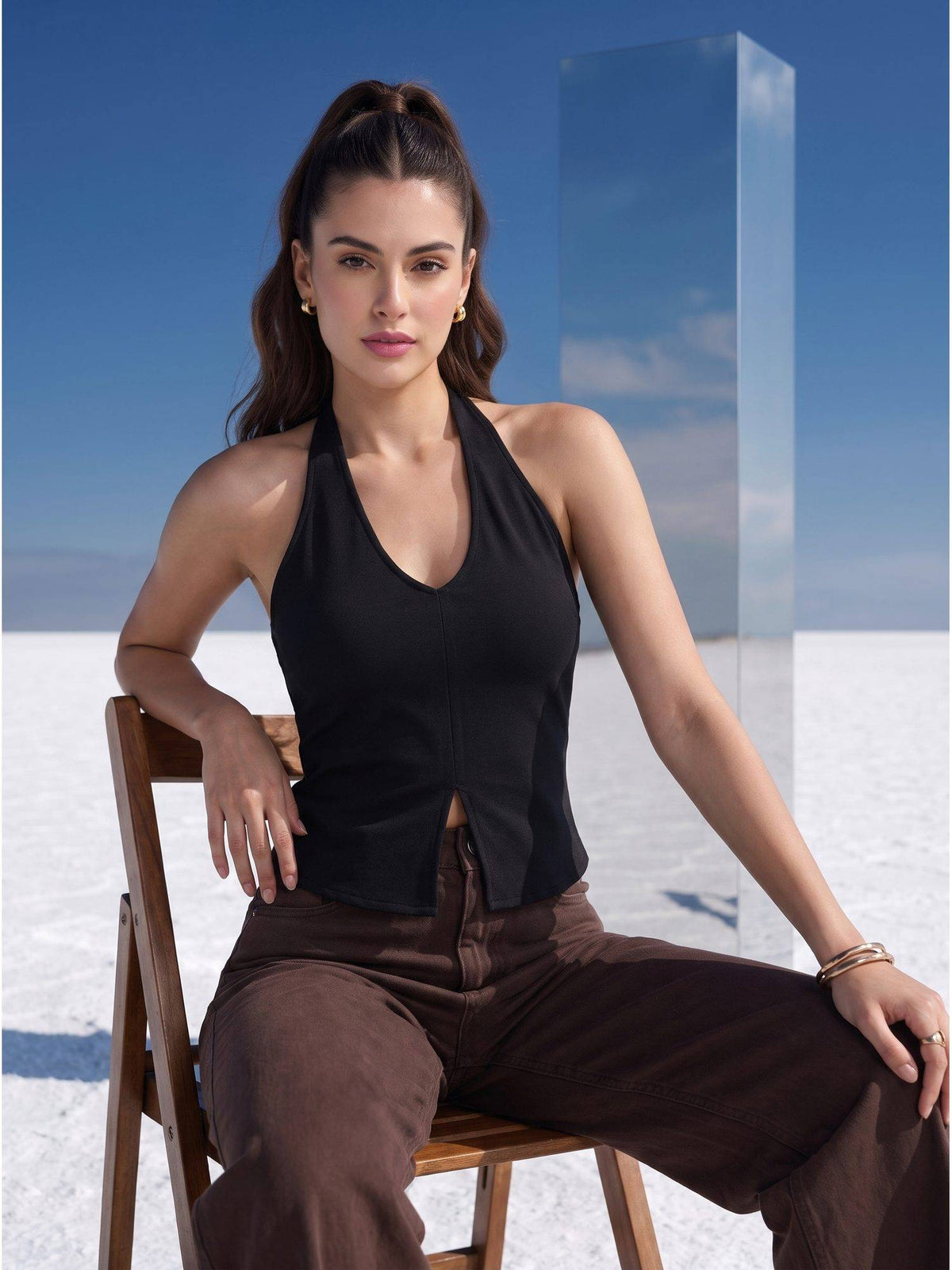 Black Noir Halter Slit Top | HT67 - view 1