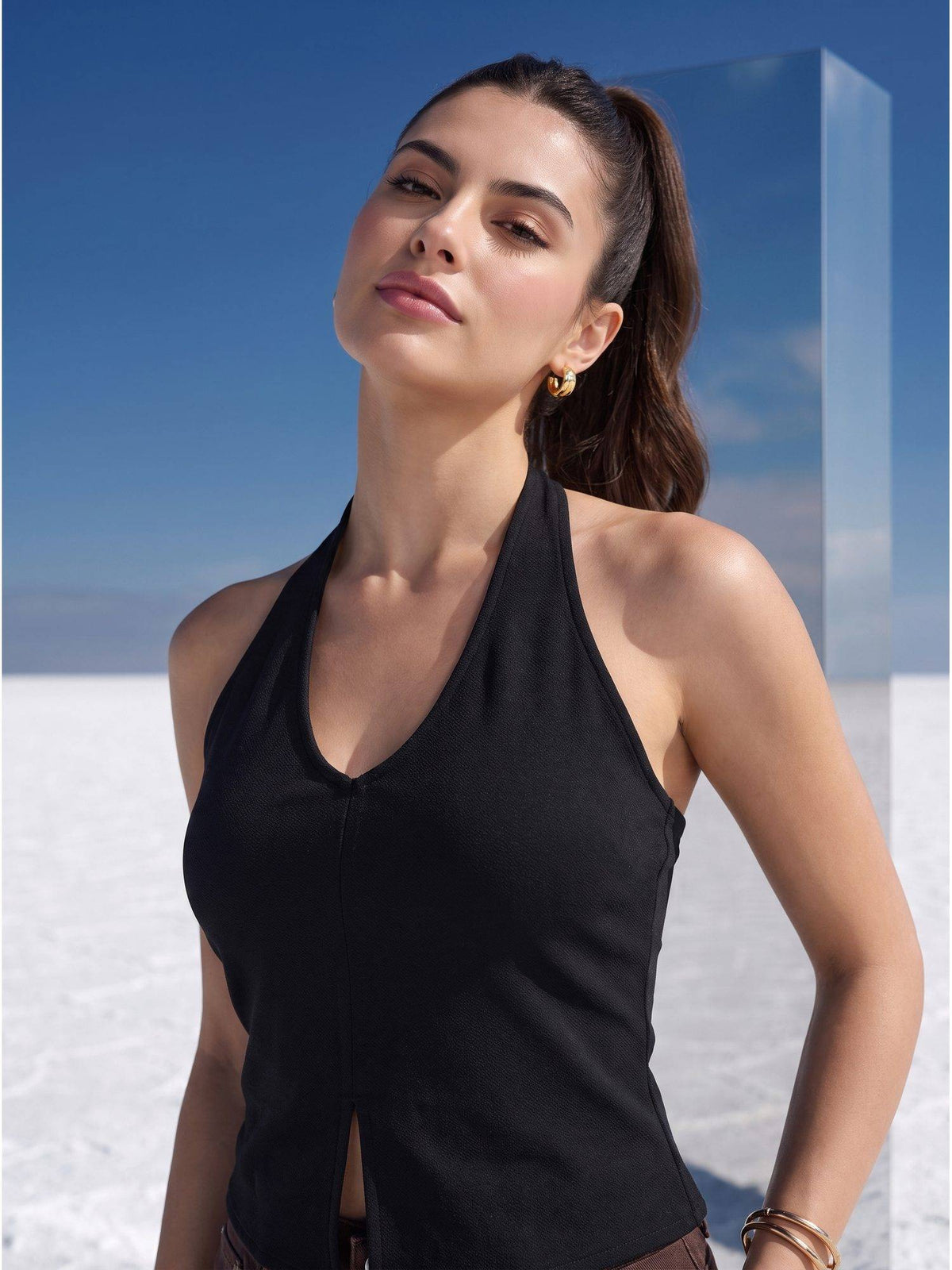 Black Noir Halter Slit Top | HT67 - view 3