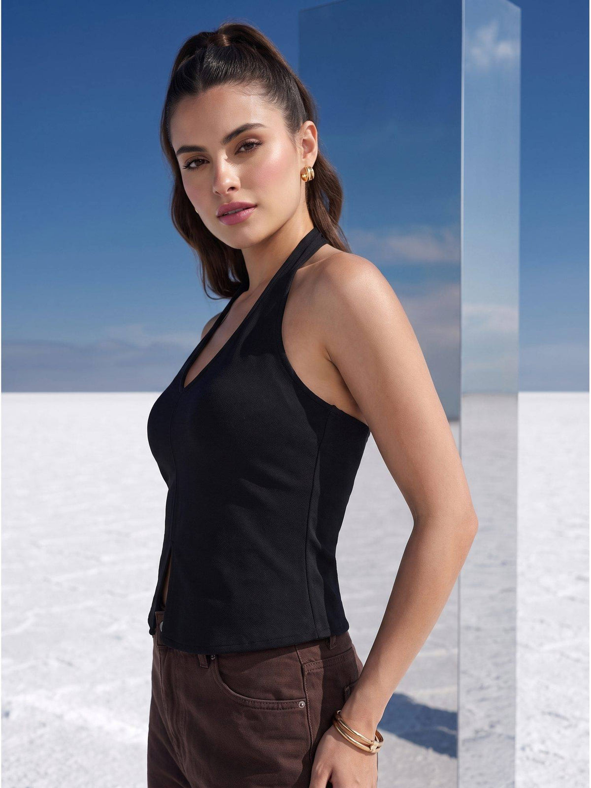 Black Noir Halter Slit Top | HT67 - view 4