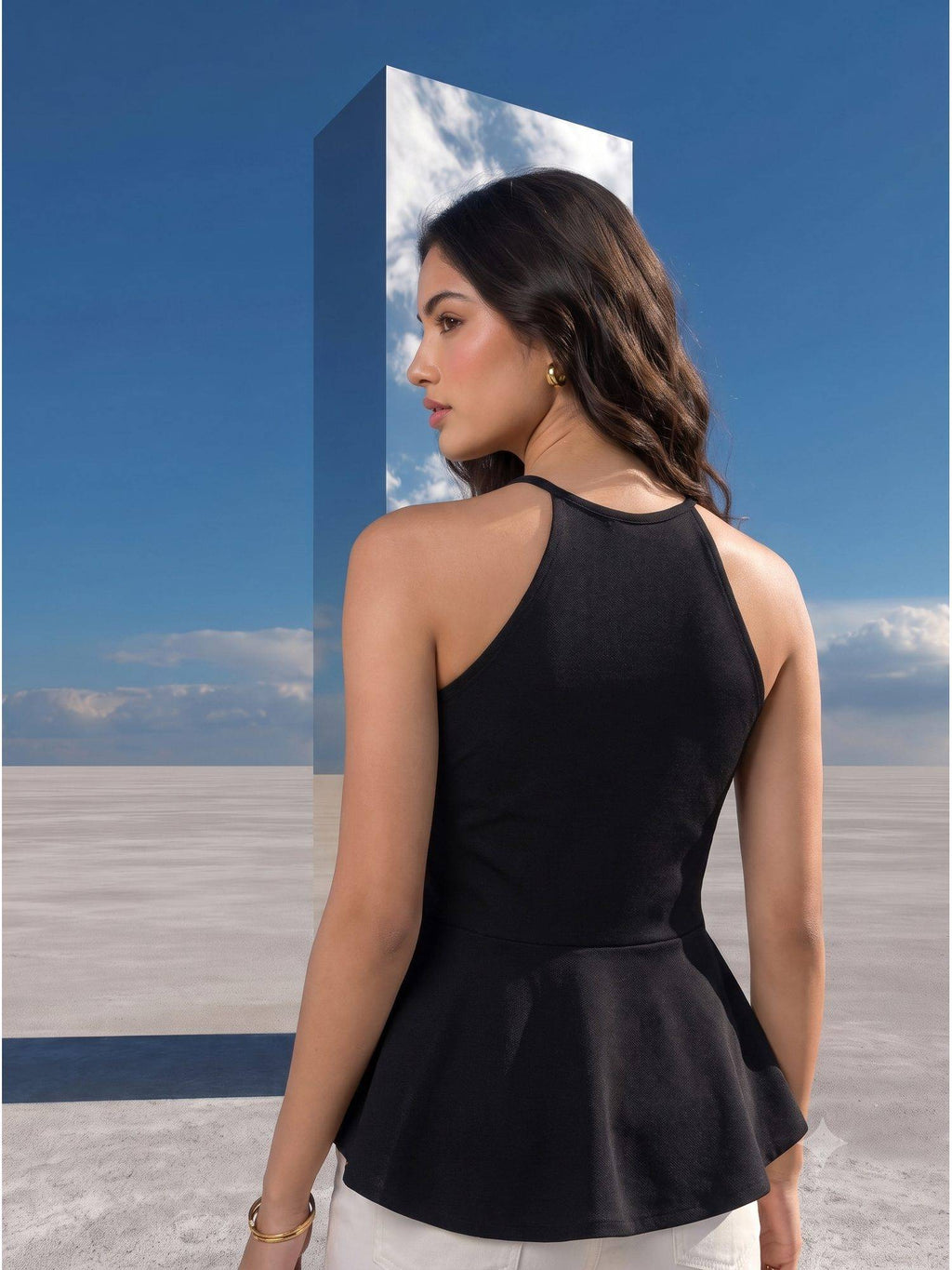 Black Noir Halter Neck Peplum Halter Top | pt51 - view 2