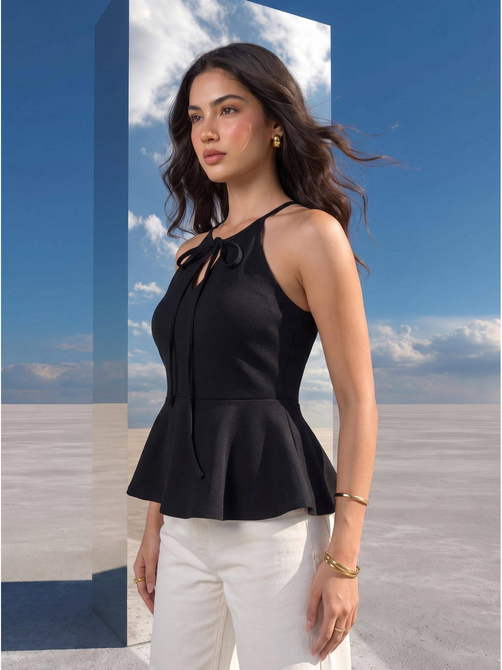 Black Noir Halter Neck Peplum Halter Top | pt51 - view 4