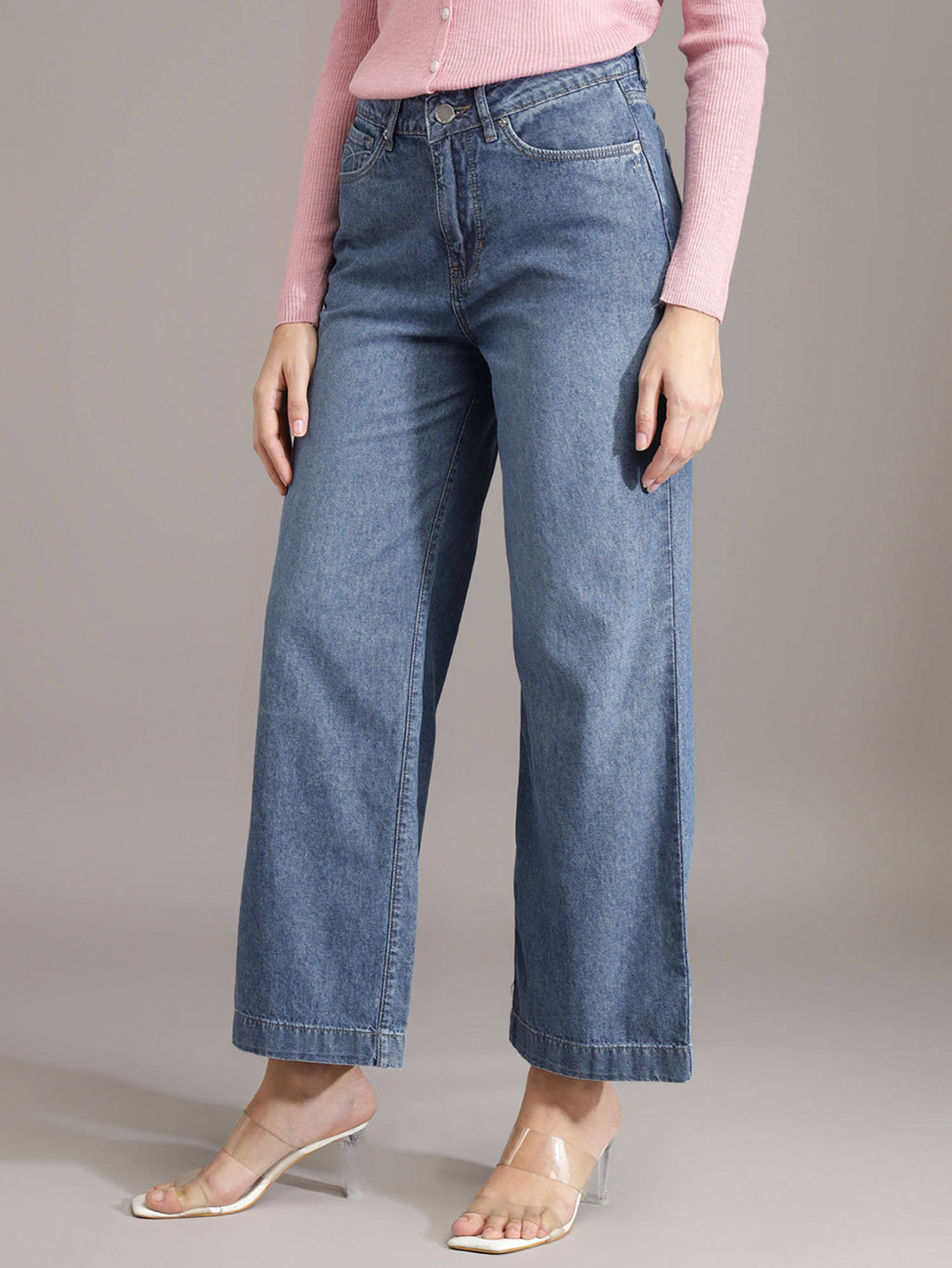 Women Blue Solid Straight Fit Jeans | ST23 - view 3