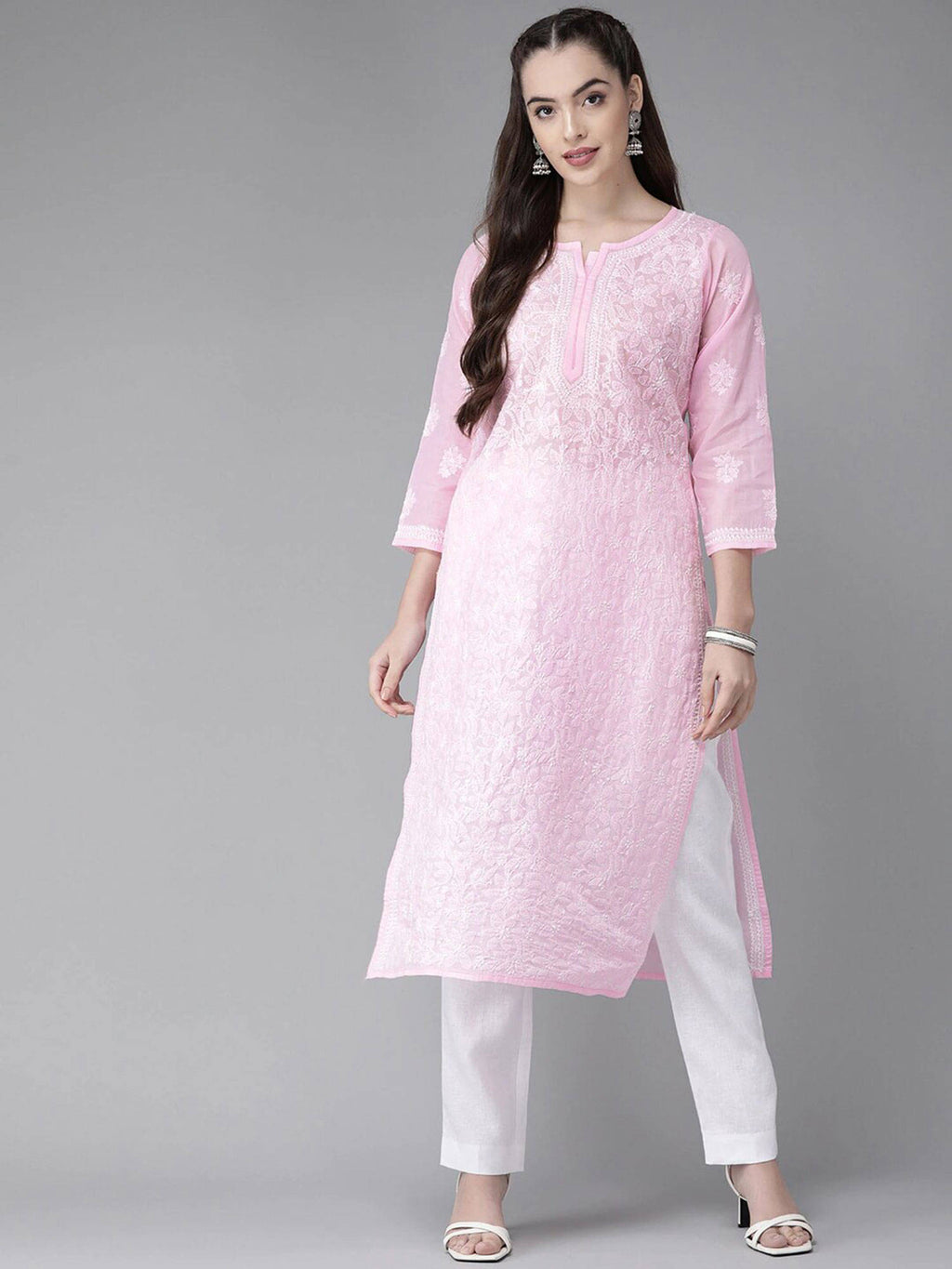 Hand Embroidered White Cotton Lucknowi Chikan Kurta (XS) (A411181) | KDG - view 25