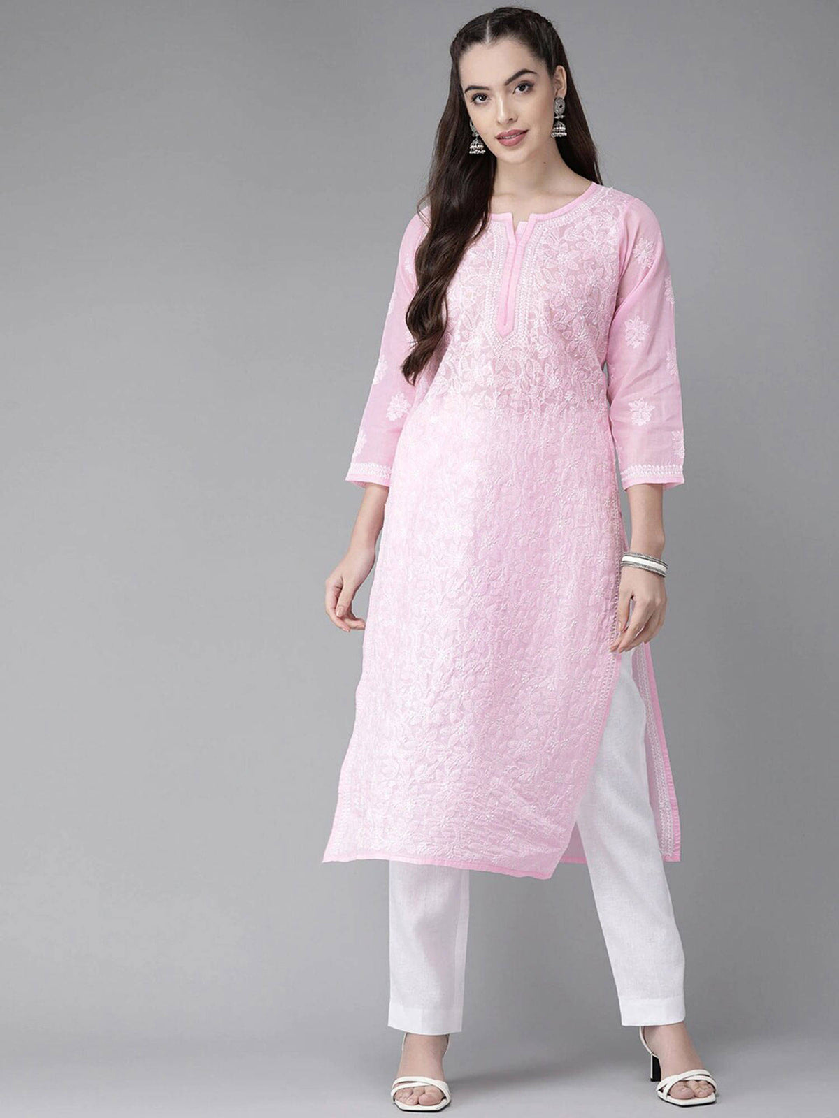 Hand Embroidered White Cotton Lucknowi Chikan Kurta (XS) (A411181) | KDG - view 25