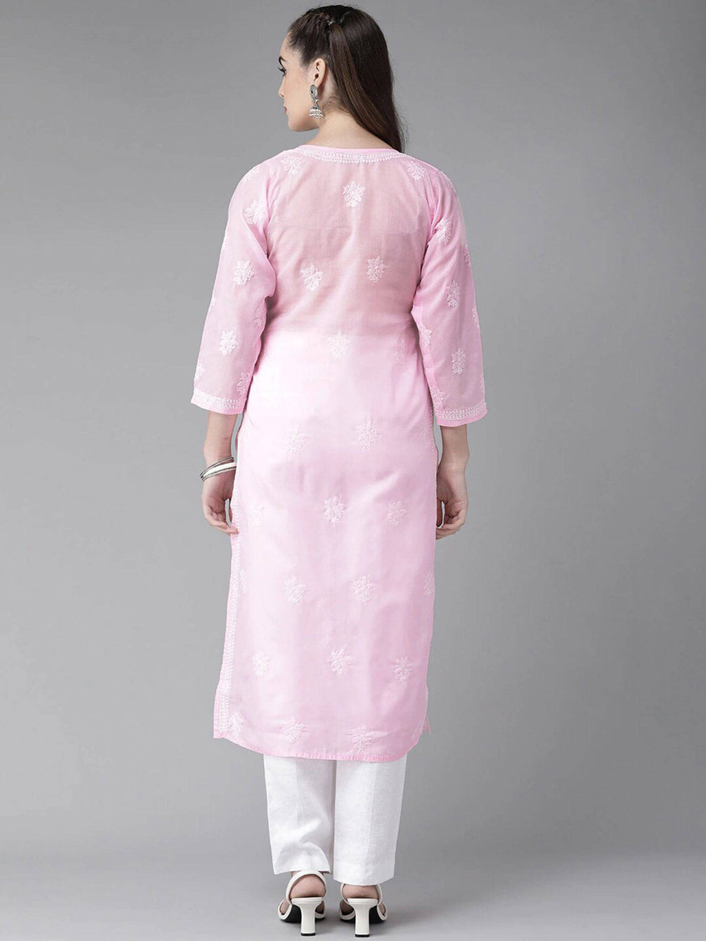 Hand Embroidered White Cotton Lucknowi Chikan Kurta (XS) (A411181) | KDG - view 26