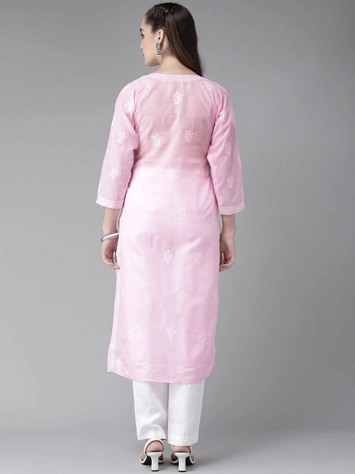 Hand Embroidered White Cotton Lucknowi Chikan Kurta (XS) (A411181) | KDG - view 26